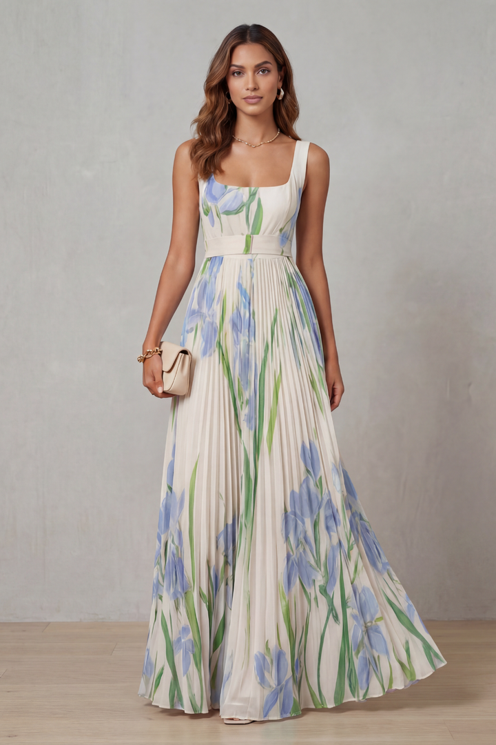 Coleen - Robe Maxi Plissée Fleurie Aquarelle