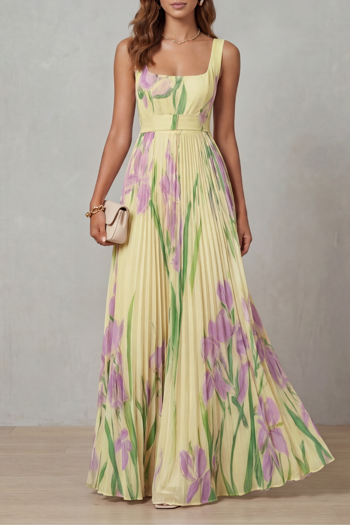 Coleen - Robe Maxi Plissée Fleurie Aquarelle