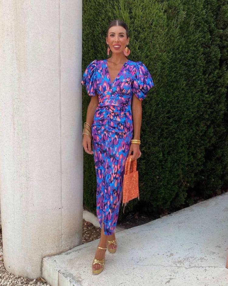 Lorena - Robe Midi Vibrante avec Manches Bouffantes