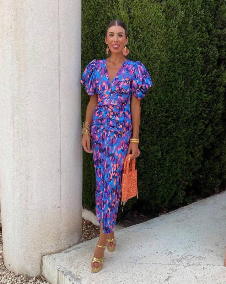 Lorena - Robe Midi Vibrante avec Manches Bouffantes
