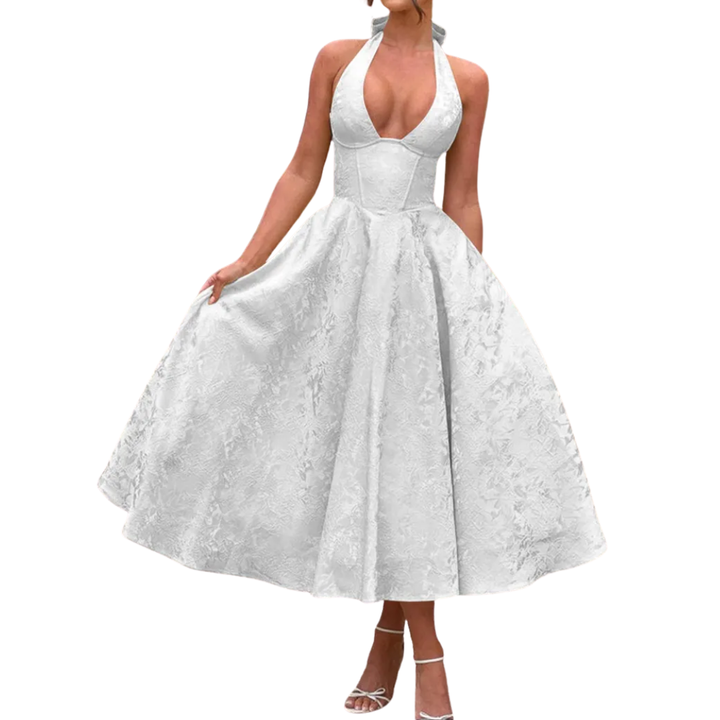 Loraine - Robe de soirée à encolure en V et halter brodée
