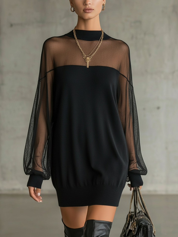 Amélie™ | Robe Mini Noire Élégante avec Manches en Maille