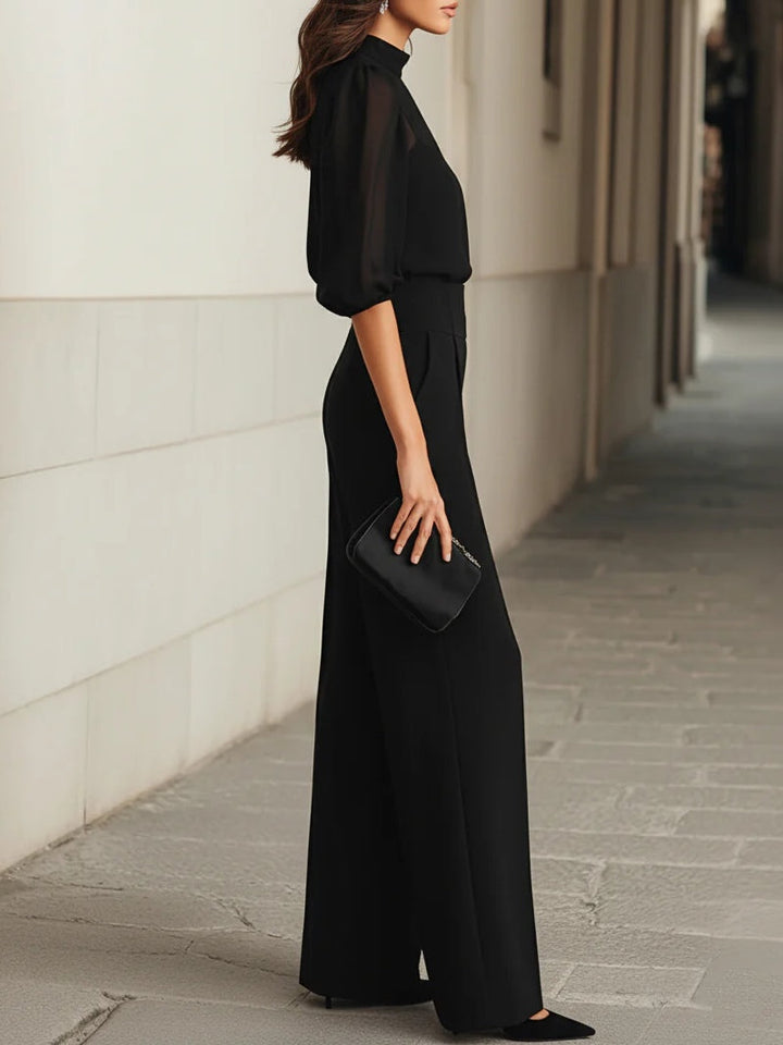 Jessica • Ensemble noir en trois pièces, composé d'un top en camisole transparent et de pantalons à jambes larges