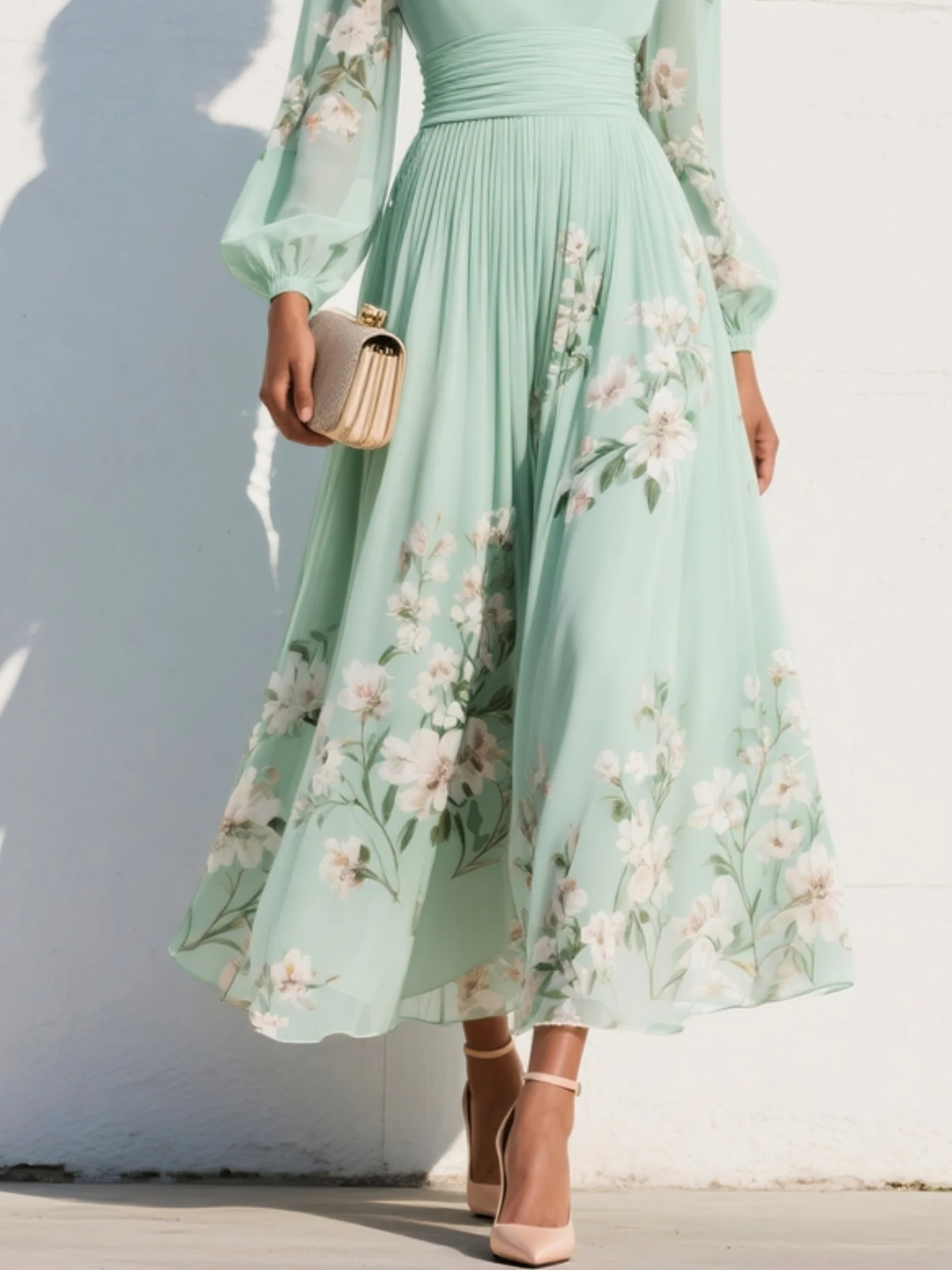 Merryl - Robe Midi Chiffon Vert Menthe à Col V