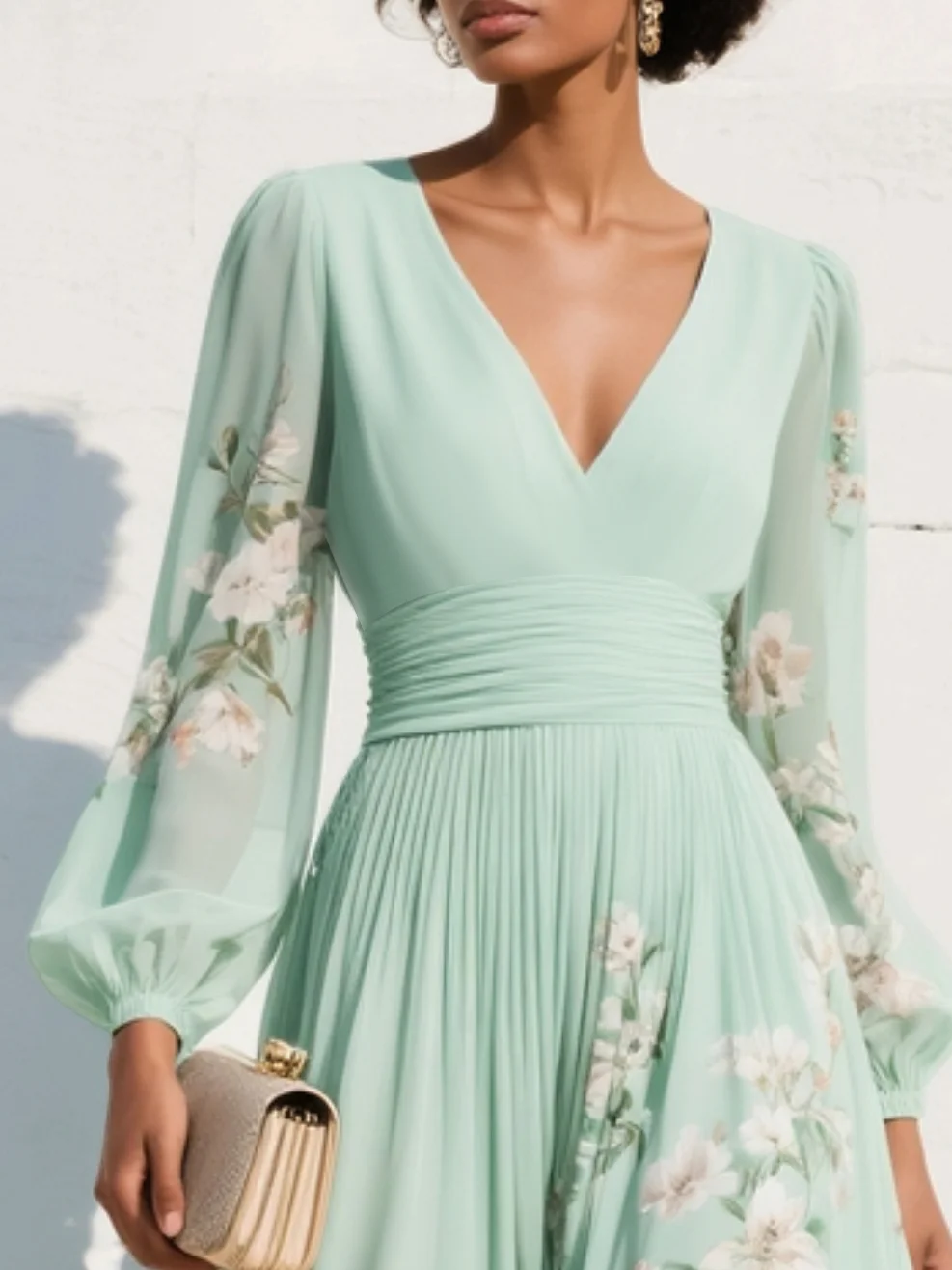 Merryl - Robe Midi Chiffon Vert Menthe à Col V