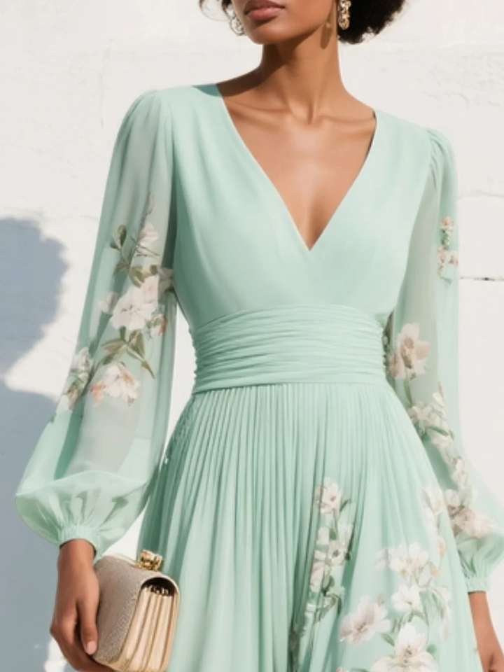 Merryl - Robe Midi Chiffon Vert Menthe à Col V