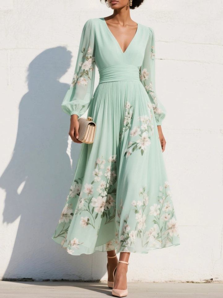 Merryl - Robe Midi Chiffon Vert Menthe à Col V