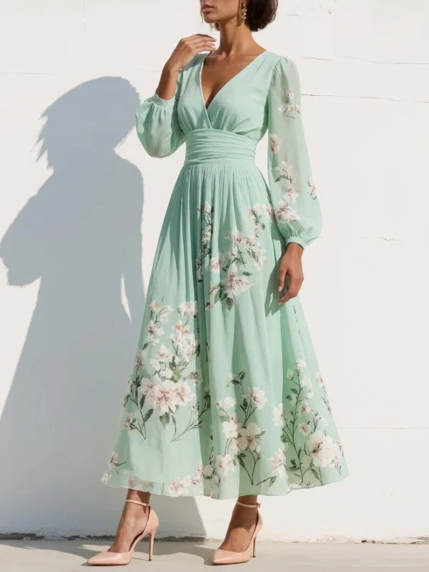Merryl - Robe Midi Chiffon Vert Menthe à Col V