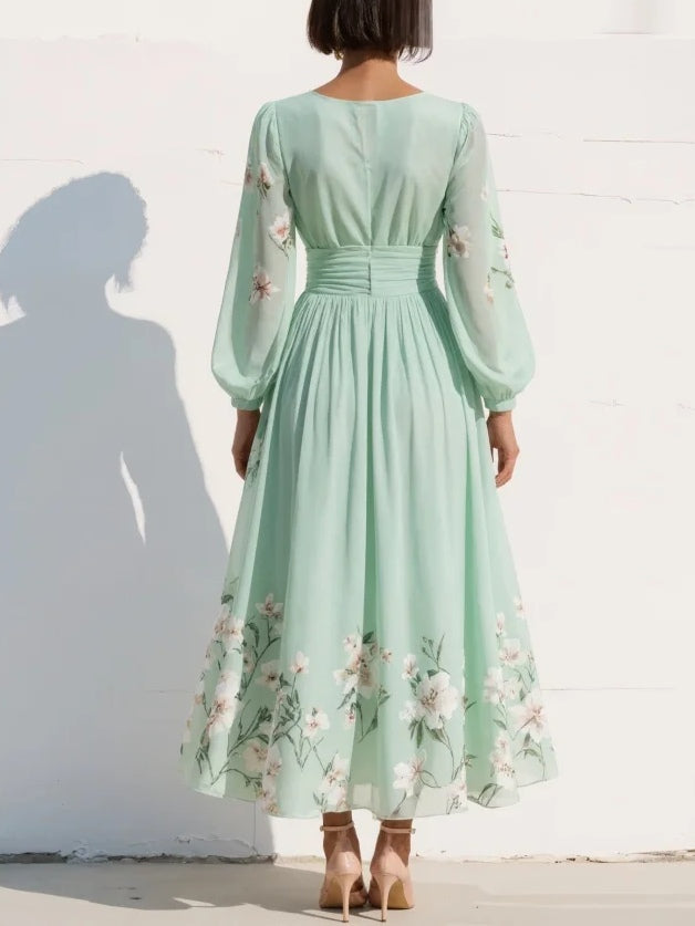 Merryl - Robe Midi Chiffon Vert Menthe à Col V
