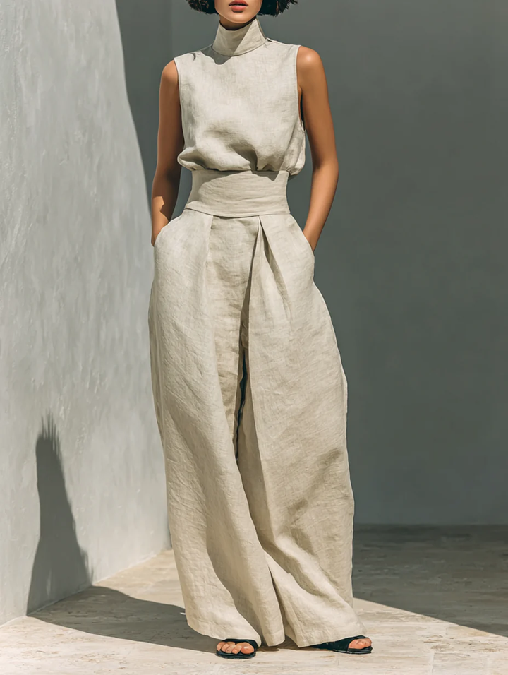 Dorothy • Ensemble composé d'un top sans manches beige et d'un pantalon large