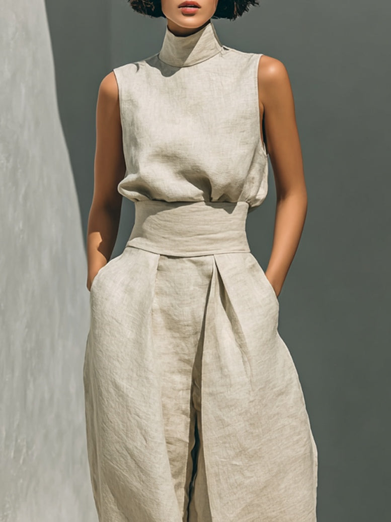 Dorothy • Ensemble composé d'un top sans manches beige et d'un pantalon large