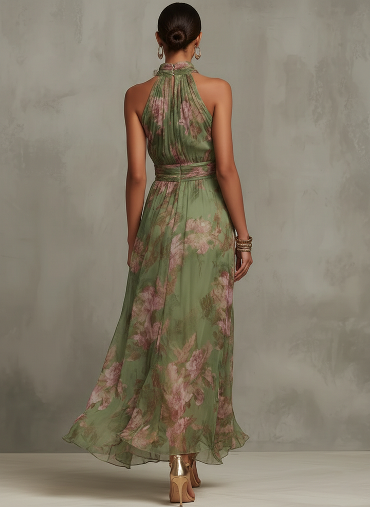 Serena | Robe Maxi Halter en Chiffon Floral Élégant