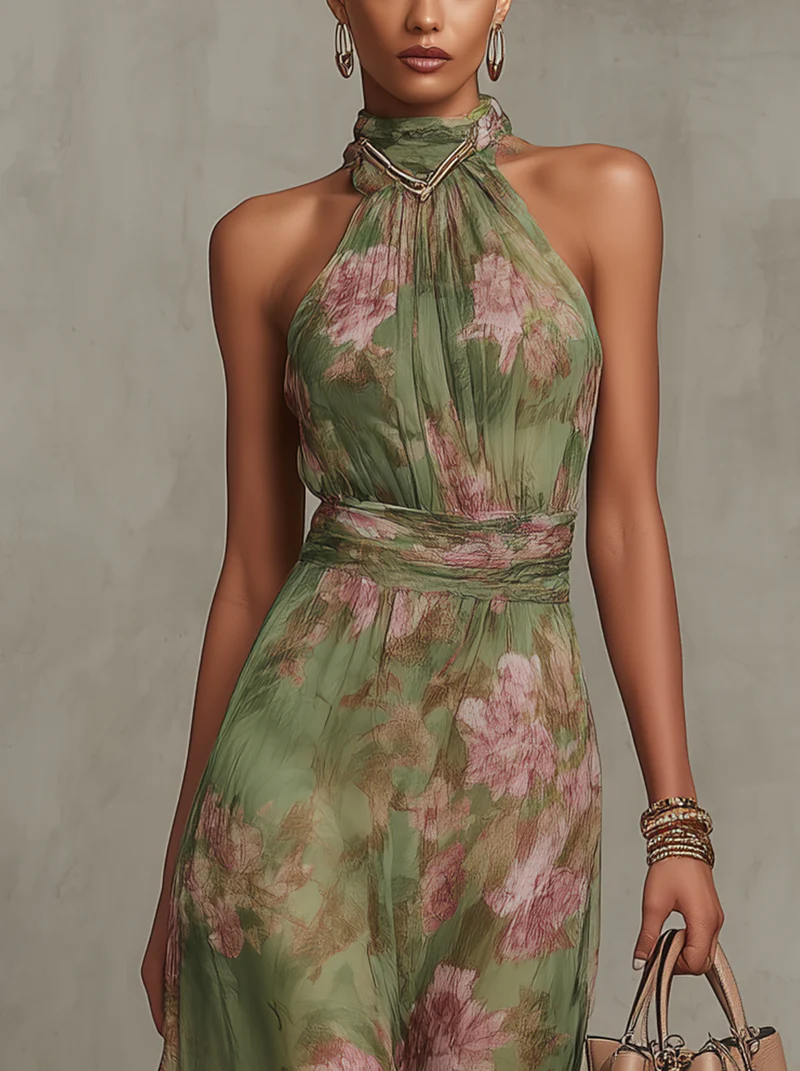 Ruth ∙ Robe longue verte à fleurs avec décolleté halter