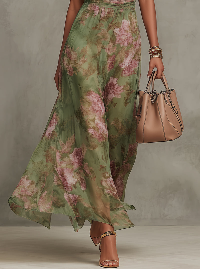 Serena | Robe Maxi Halter en Chiffon Floral Élégant