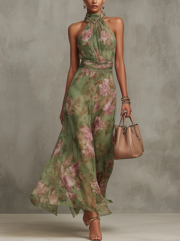 Serena | Robe Maxi Halter en Chiffon Floral Élégant