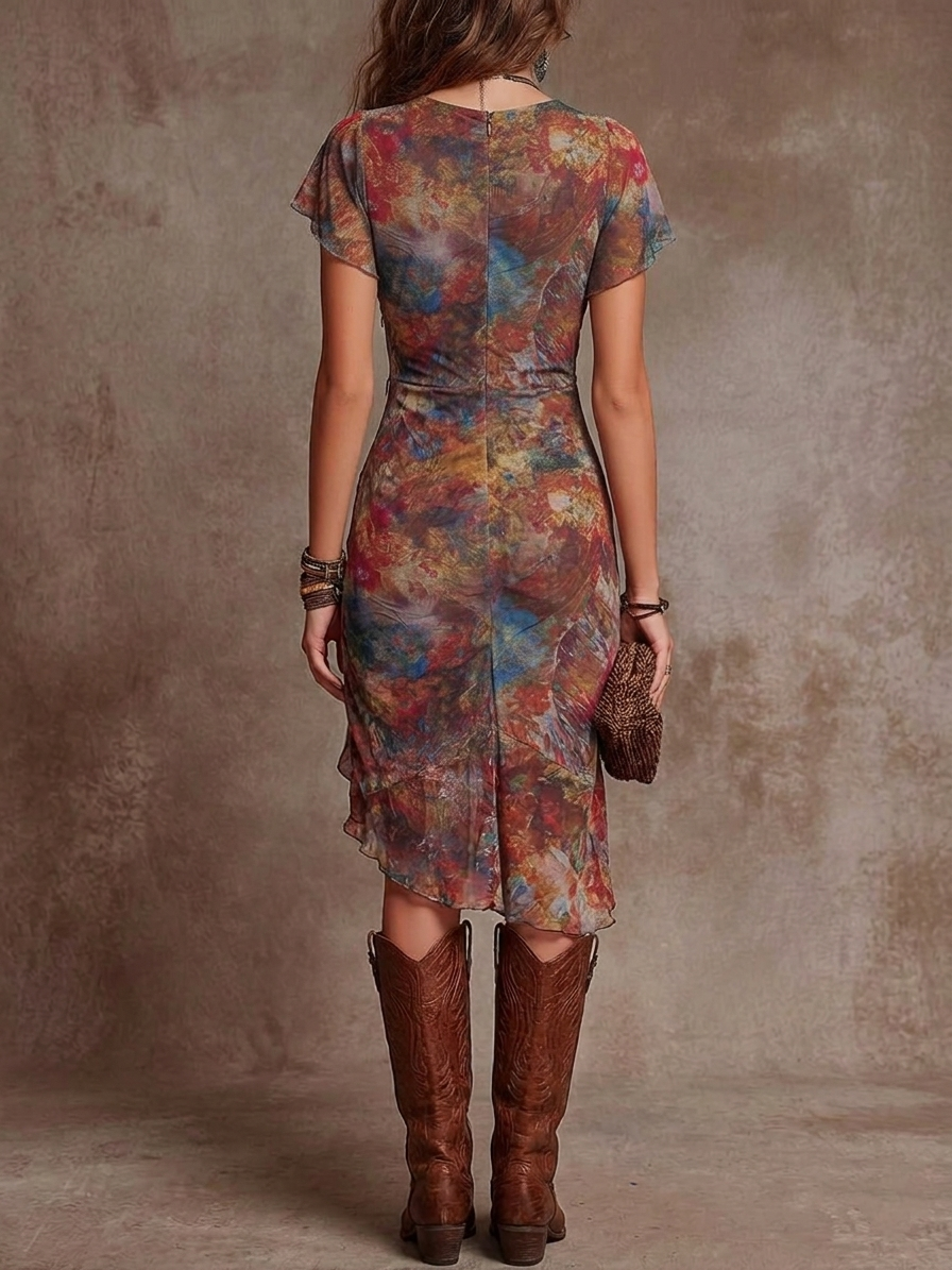 Virginia · Robe Midi Plissée avec Décolleté en V, Imprimé Art Abstrait dans un Style Bohème