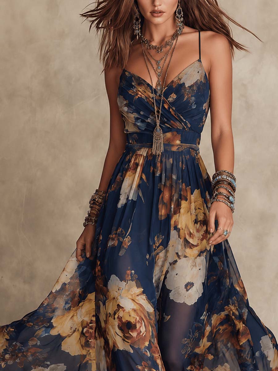 Miane - Robe Maxi Florale avec Bretelles