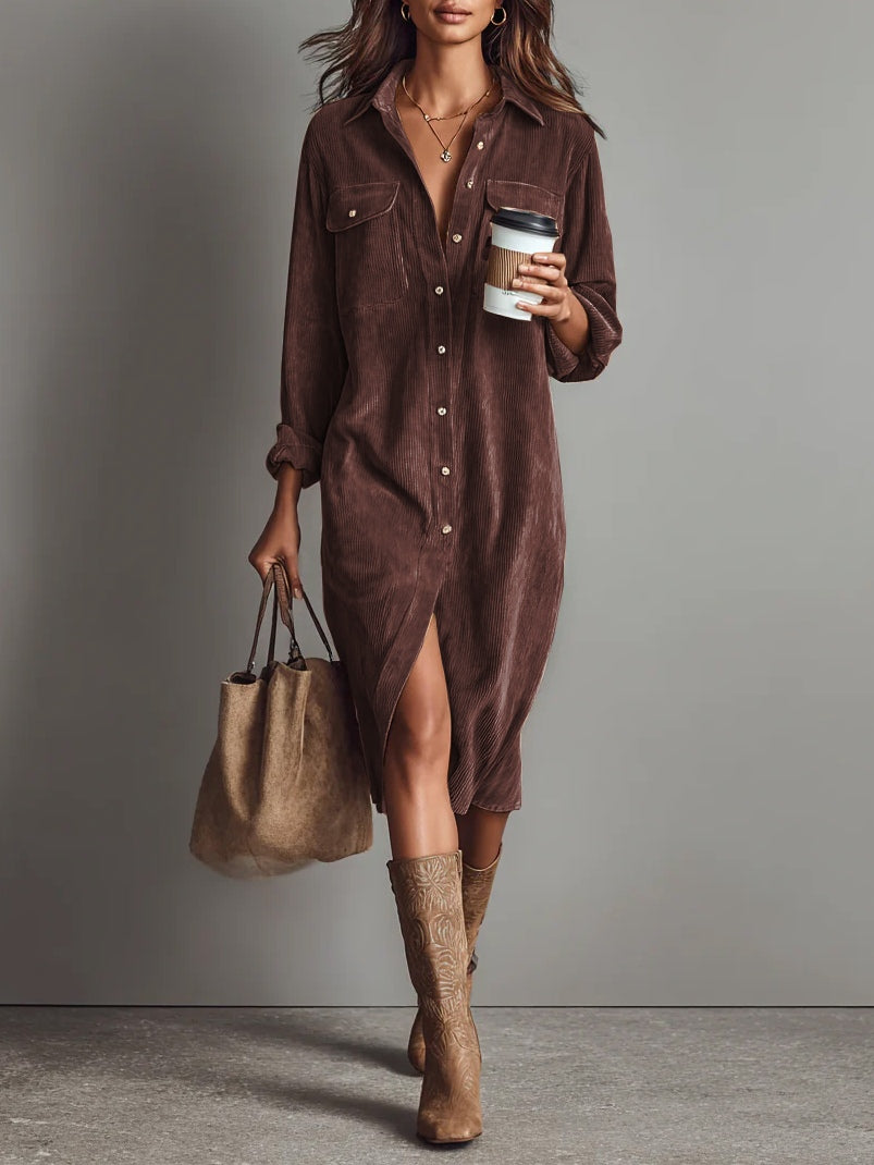 Maliah - Robe Midi en Velours Côtelé