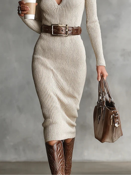 Amanda - Robe Midi Tricotée avec Ceinture
