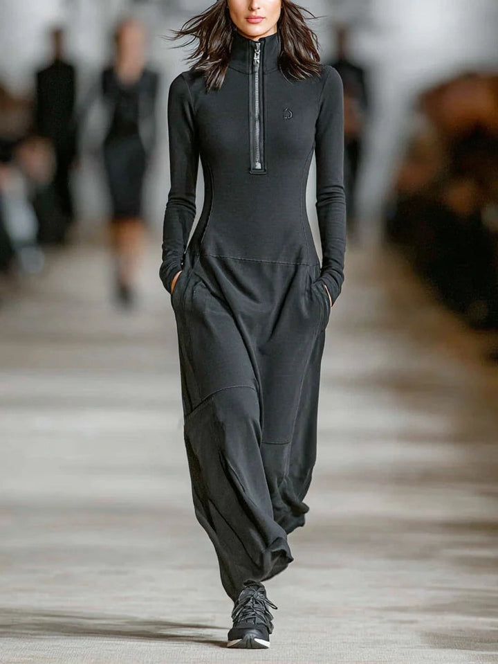 Anelie - Robe Maxi à Col Roulé Noir avec Fermeture Éclair