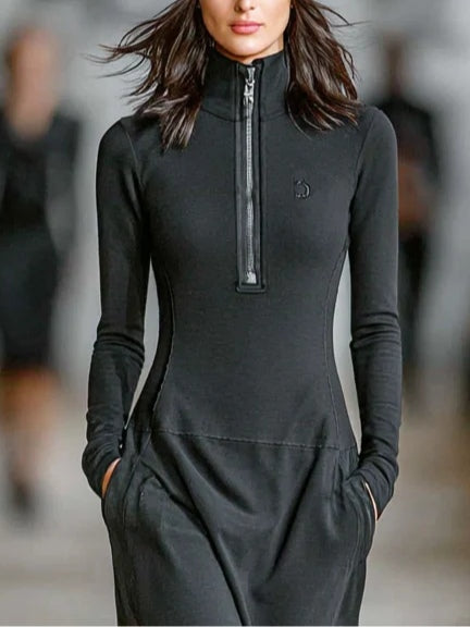 Anelie - Robe Maxi à Col Roulé Noir avec Fermeture Éclair