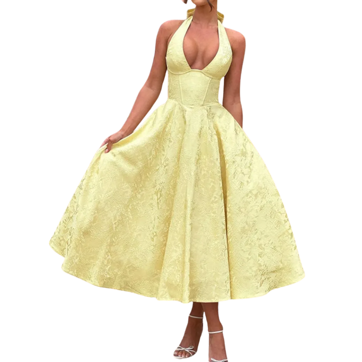 Loraine - Robe de soirée à encolure en V et halter brodée