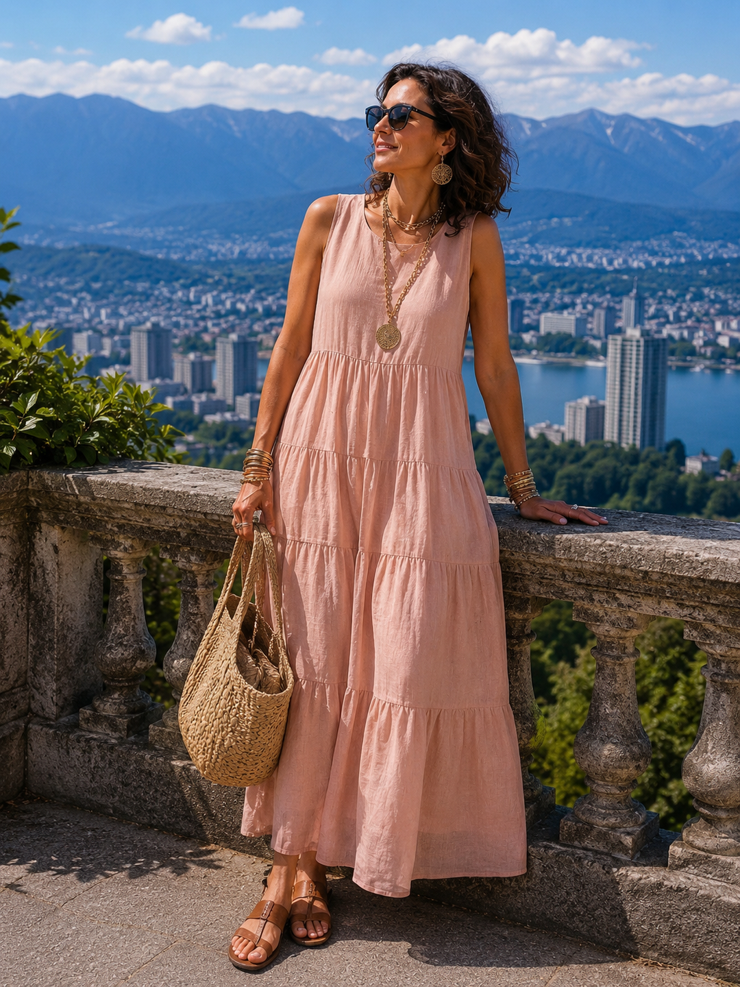 Mildred - Robe maxi sans manches en coton et lin