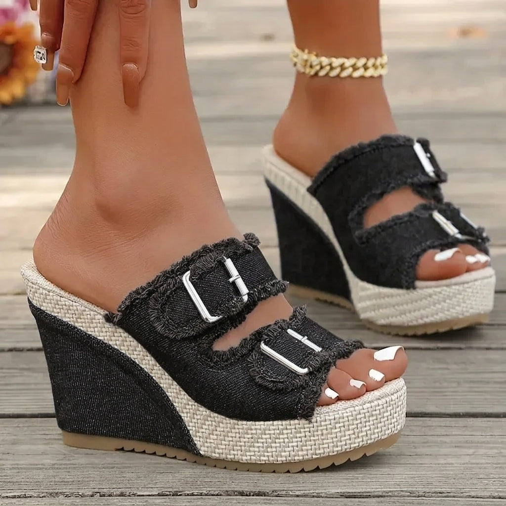 Zoya - Sandales à Talon Wedge avec Bord Effiloché et Confort Moderne