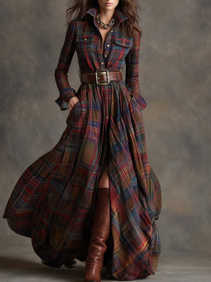 Scarlett | Robe Chemise Maxi à Carreaux à Manches Longues avec Ceinture