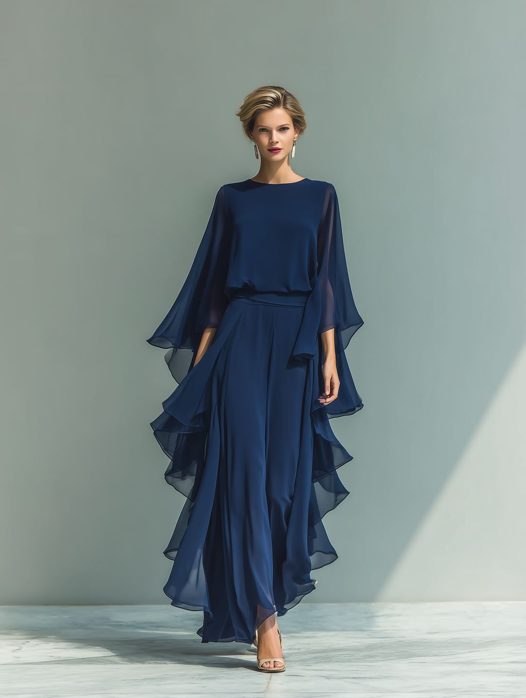 Ensemble Top Bleu Marine avec Manches Évasées et Pantalons Droits avec Détails Ruchés