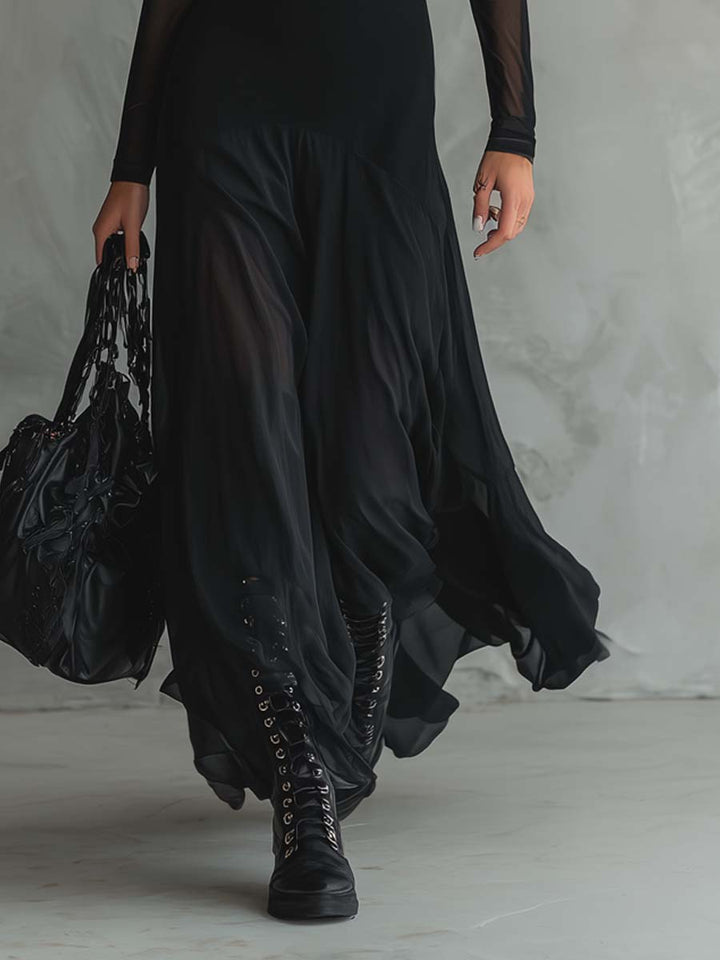 Elena | Robe maxi noire avec des manches transparentes