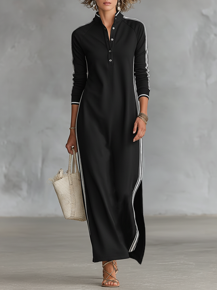 Robe Maxi Sweat-shirt Femme avec Col Boutonné et Détails Blancs