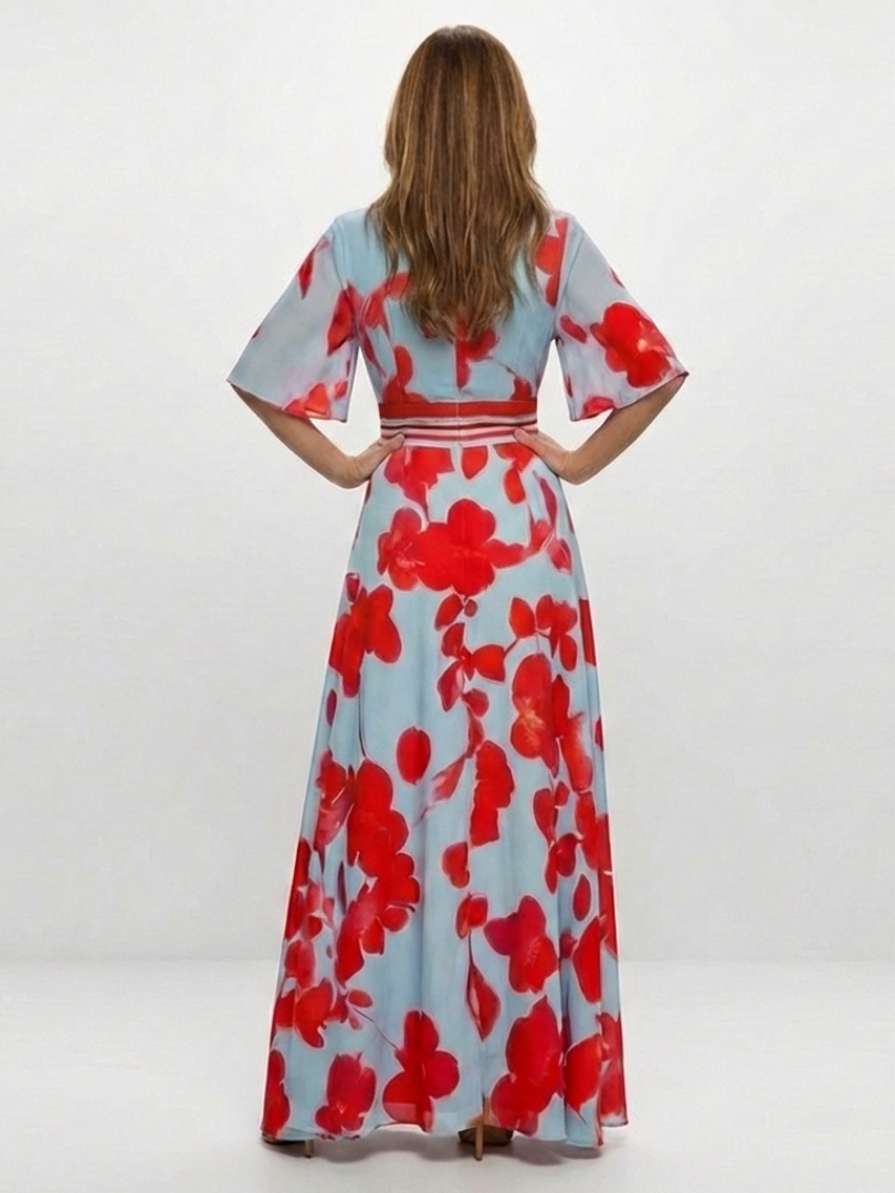 Coline - Robe Maxi Fleurie à Manches Courtes et Décolleté en V