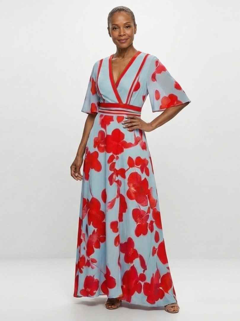 Coline - Robe Maxi Fleurie à Manches Courtes et Décolleté en V