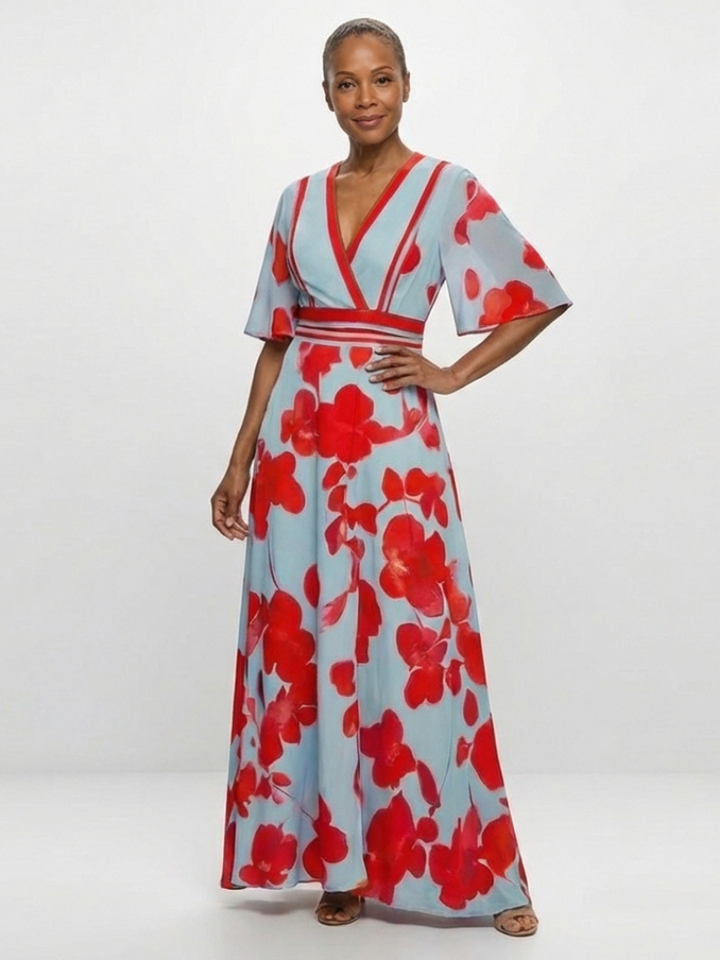 Coline - Robe Maxi Fleurie à Manches Courtes et Décolleté en V