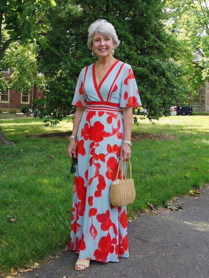 Coline - Robe Maxi Fleurie à Manches Courtes et Décolleté en V