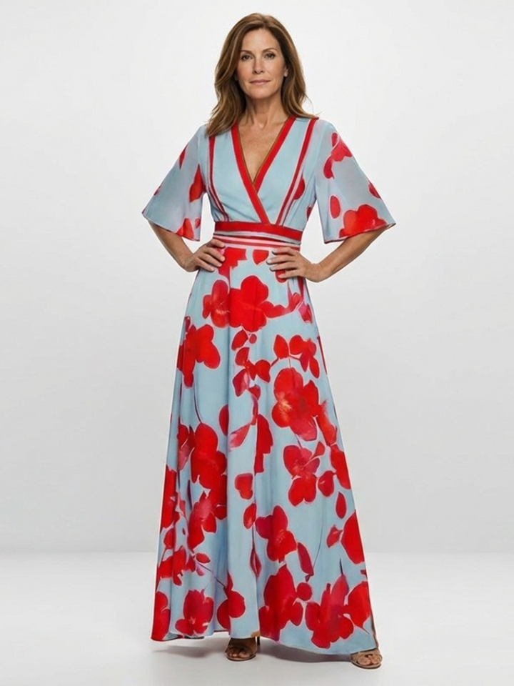 Coline - Robe Maxi Fleurie à Manches Courtes et Décolleté en V