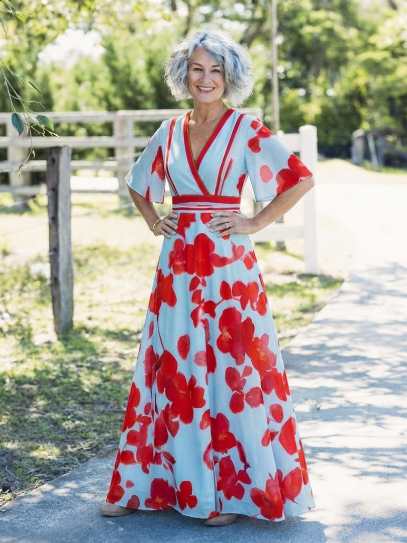 Coline - Robe Maxi Fleurie à Manches Courtes et Décolleté en V