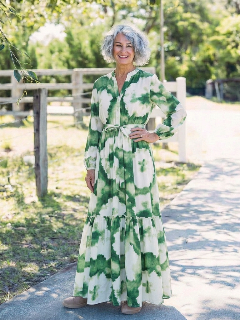 Bianca - Robe Maxi à Manches Longues avec Nœud à la Taille