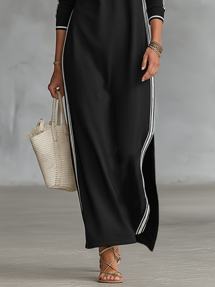 Robe Maxi Sweat-shirt Femme avec Col Boutonné et Détails Blancs