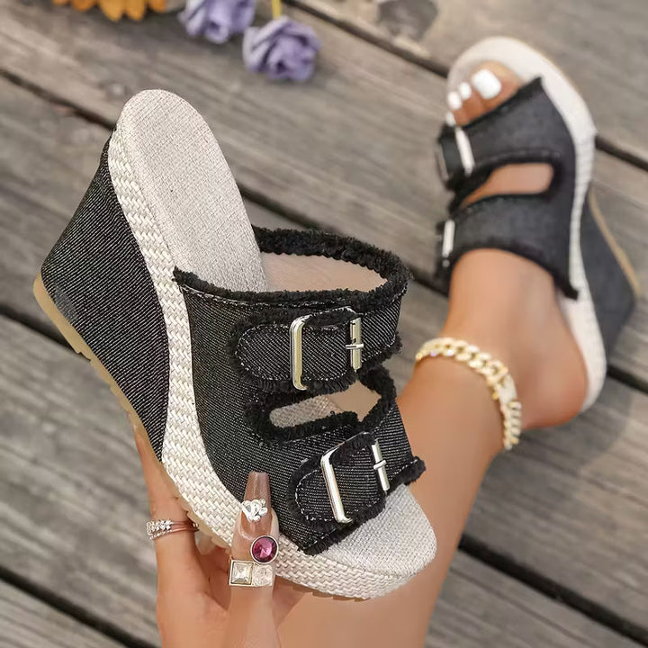 Zoya - Sandales à Talon Wedge avec Bord Effiloché et Confort Moderne