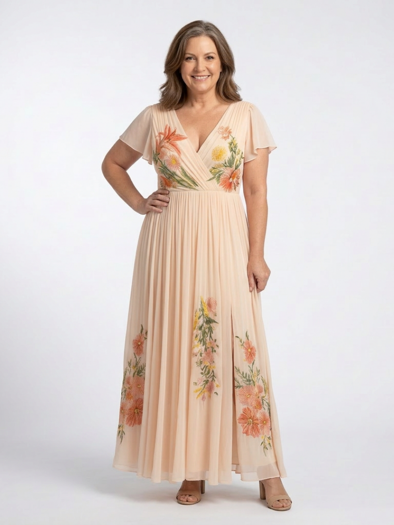 Maurine - Robe Maxi à Manches Courtes en V
