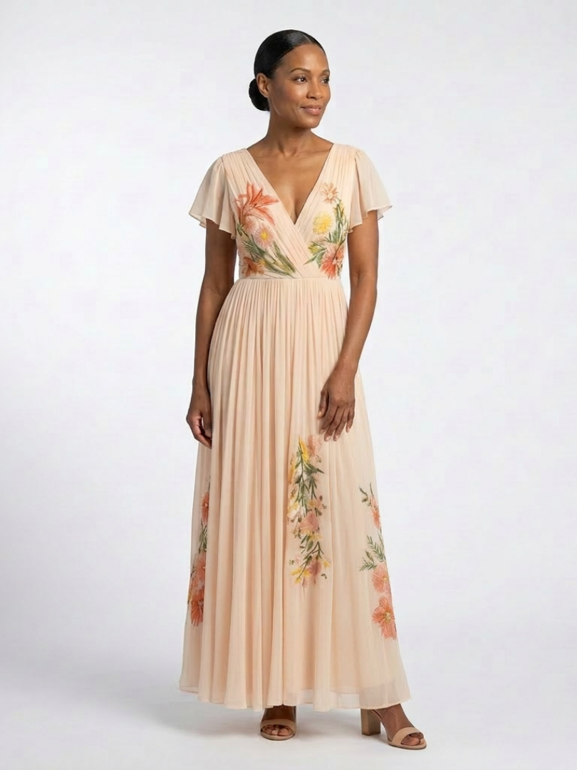 Maurine - Robe Maxi à Manches Courtes en V