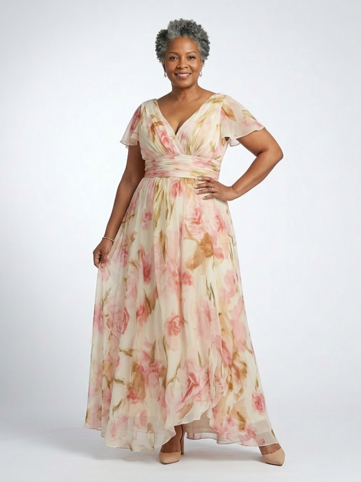 Stef - Robe Maxi Fleurie à Manches Courtes en V