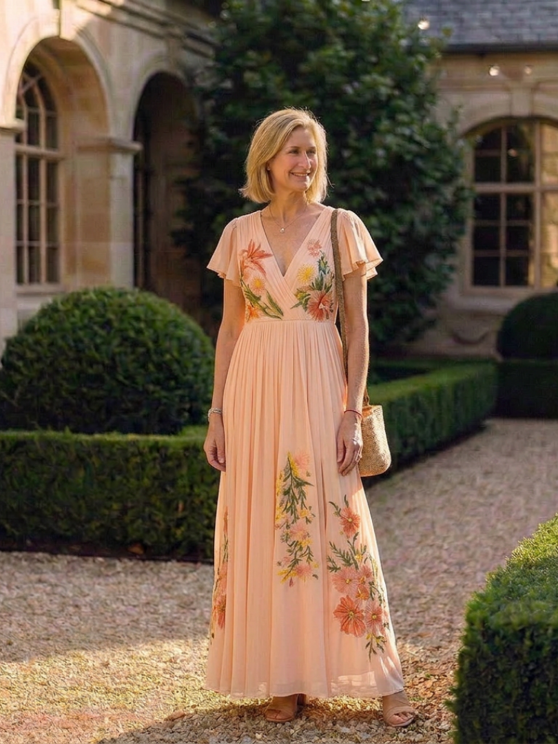 Maurine - Robe Maxi à Manches Courtes en V
