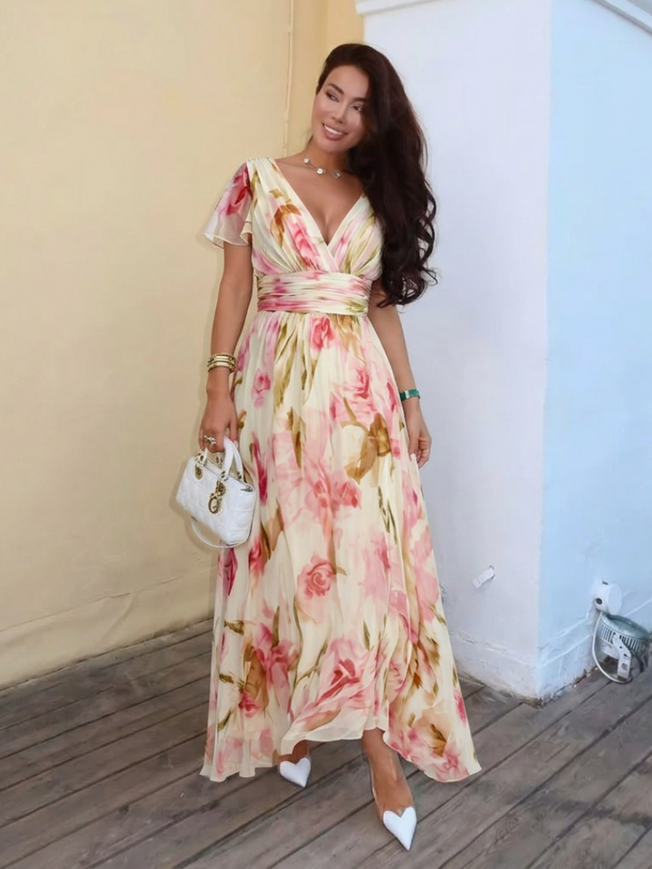 Stef - Robe Maxi Fleurie à Manches Courtes en V
