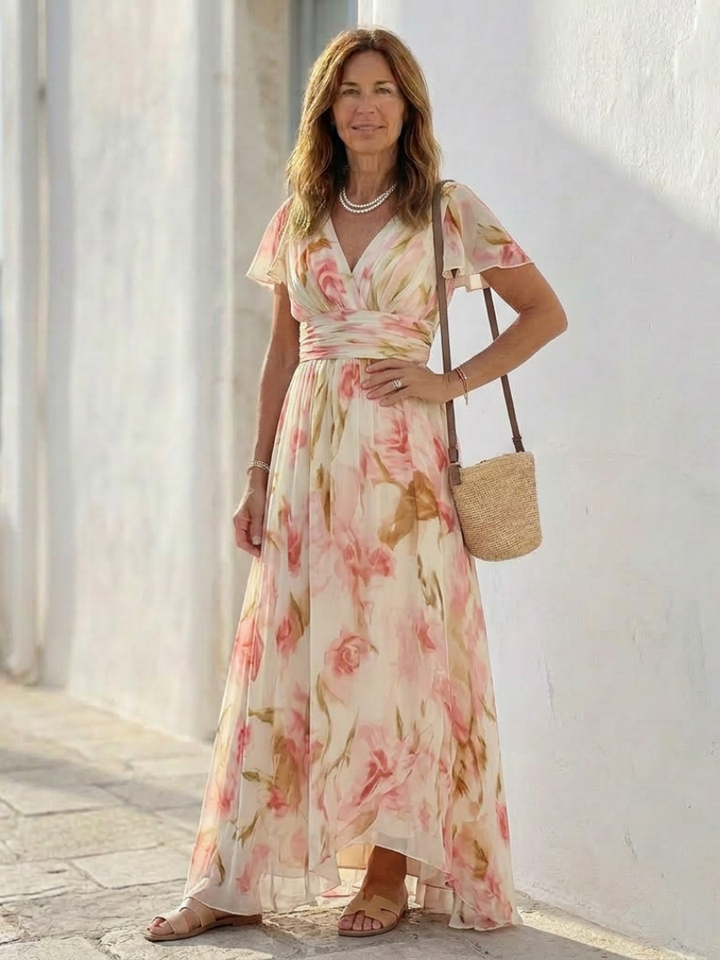 Stef - Robe Maxi Fleurie à Manches Courtes en V