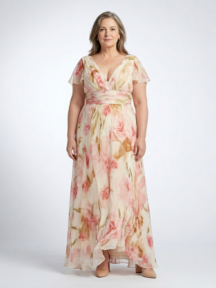 Stef - Robe Maxi Fleurie à Manches Courtes en V