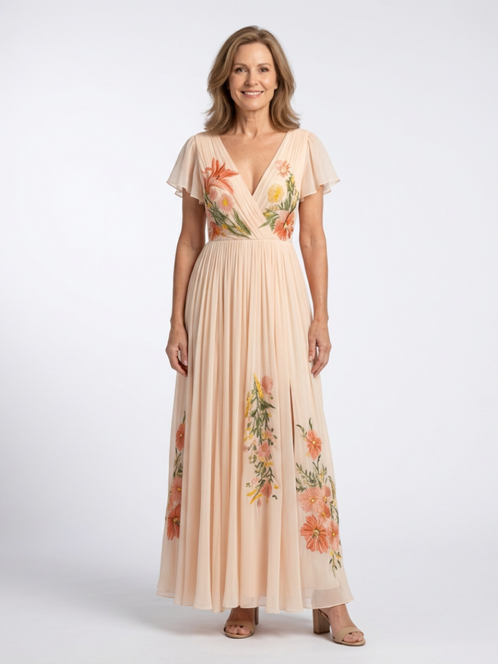 Maurine - Robe Maxi à Manches Courtes en V