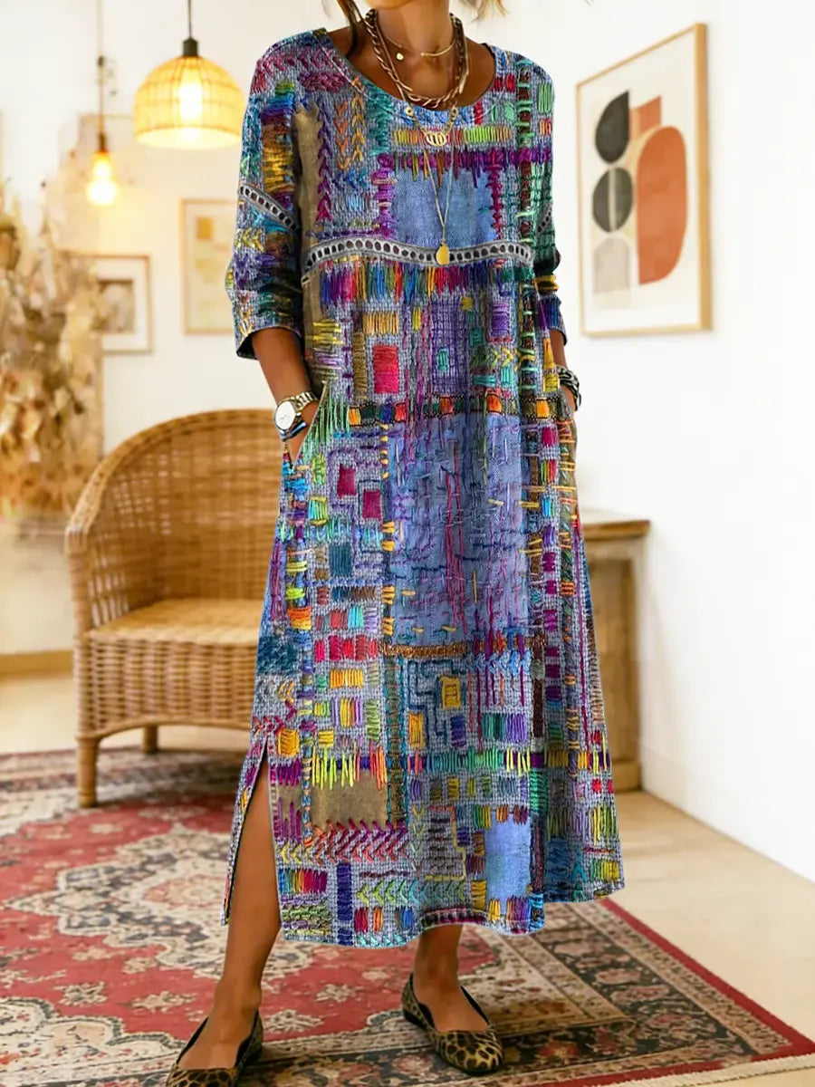 Robe en Denim Ruby avec Patchwork Ethnique